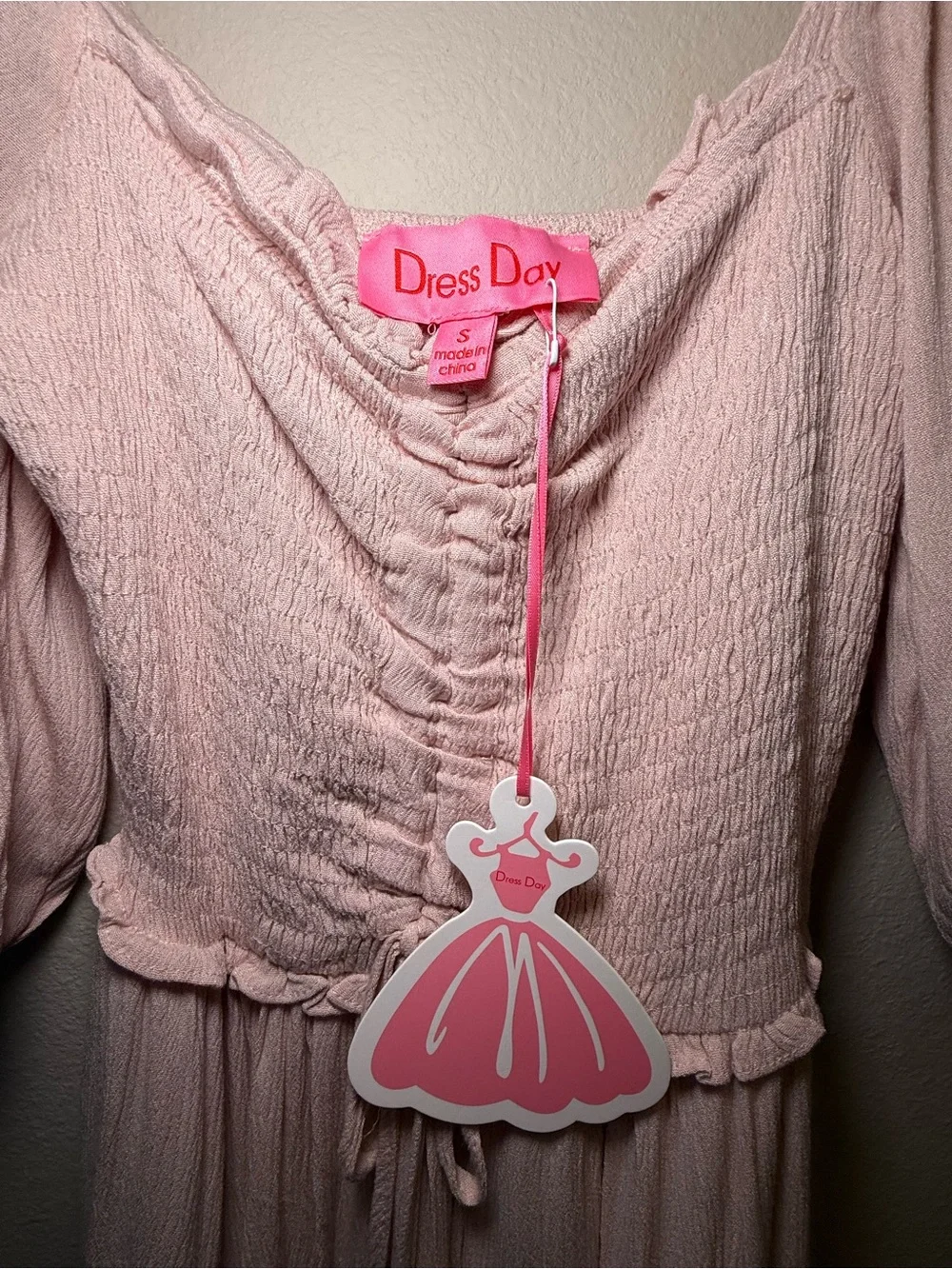 NWT Dress Day Pink Smocked Puff Sleeve Boho Tiered Maxi Maternity Photoshoot Sm - Picture 9 of 11